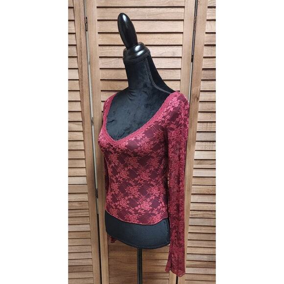 Urban Outfitters Out From Under Burgundy Long Sleeve Top Small S Sheer Floral - Picture 5 of 8